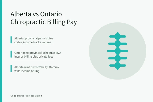 Chiropractor demonstrating spine anatomy to a patient during consultation indoors. Alberta vs Ontario Chiropractic Billing: Which Province Pays Better?