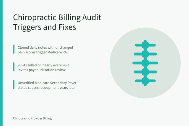 Woman receiving chiropractic therapy with a specialist in an indoor setting. Chiropractic Billing Audit Triggers and How to Respond