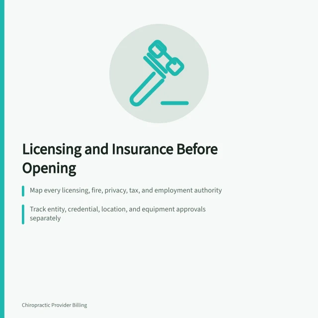 Card summarizing chiropractic practice licensing and insurance planning steps. How to keep a chiropractic practice licensed and insured before opening