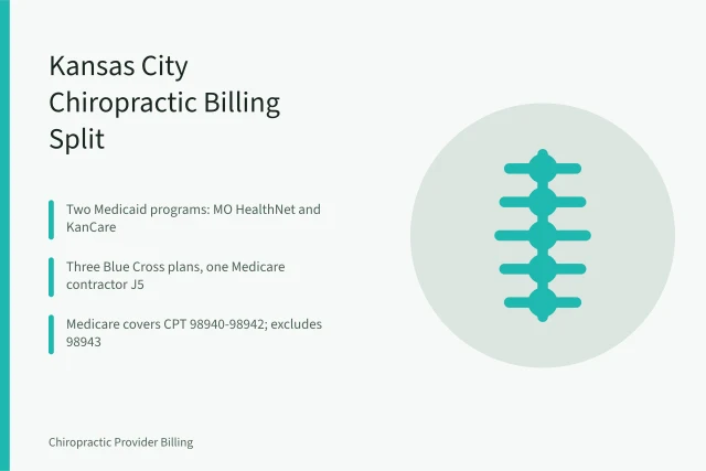 Card comparing Kansas and Missouri chiropractic billing across Medicaid, Blue Cross, and Medicare. Kansas and Missouri Chiropractic Billing: BCBS and Medicare Compared