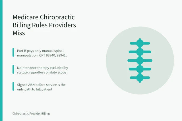 Card on Medicare chiropractic billing rules, coverage limits, and ABN requirements. Medicare Chiropractic Billing Rules Most Providers Get Wrong
