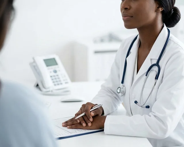 doctor, woman, female, black, african american, medical, healthcare, consultation, patient, office, clinic, professional, white coat, stethoscope, pen, clipboard, desk, attentively, medicine, ai generated. Chiropractic Provider Billing: NY and California Compared